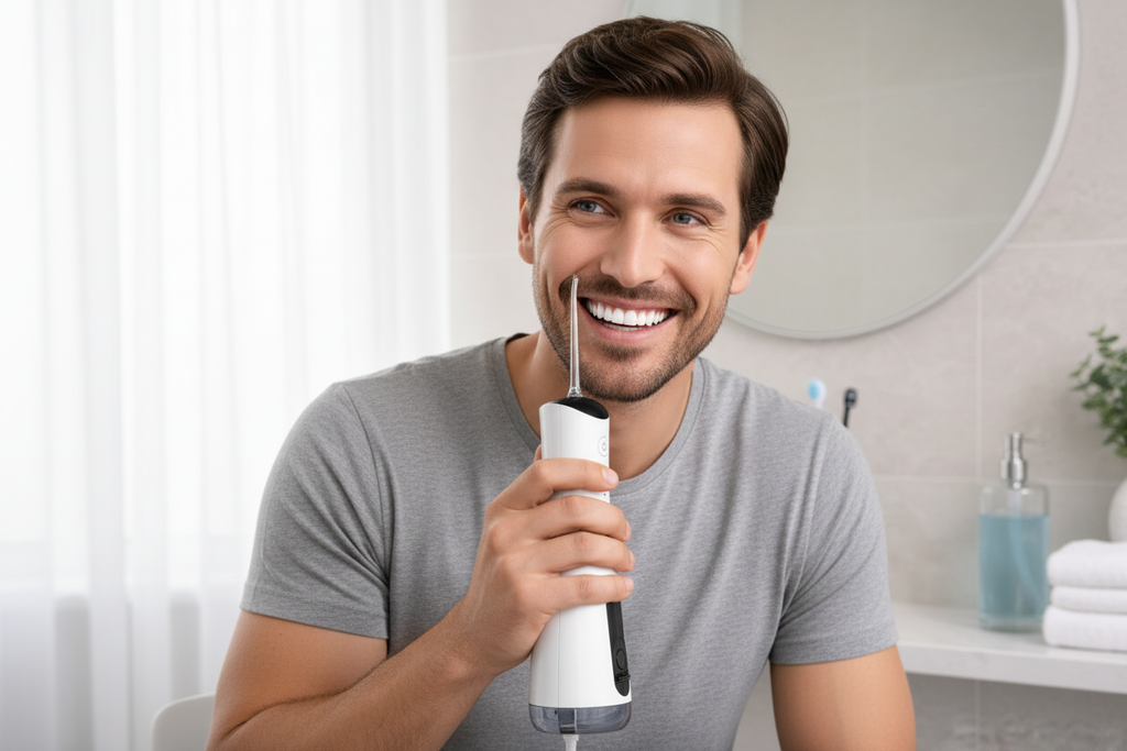 Man using water flosser - landscape
